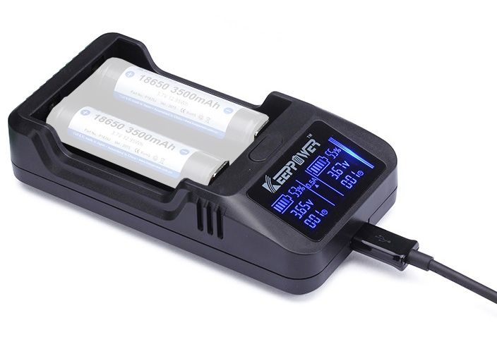 KeepPower LCD akkutöltő Li-ion 10440 / 14500 / 16340 / 16650 / 18350 / 18500 / 18650 / 26650 / CR123 cellákhoz Power bank funkcióval termék fő termékképe